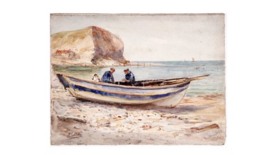 Lot 606 - Robert Jobling - Mending Nets at Staithes | watercolour