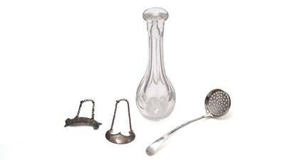 Lot 135 - Wine labels, punch or toddy lifter and a sugar sifter ladle