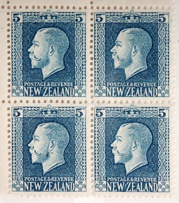 Lot 64 - New Zealand George V 1922 5c. light blue block of plate 43