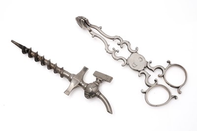 Lot 406 - A pair of Georgian silver sugar tongs and a metal tap