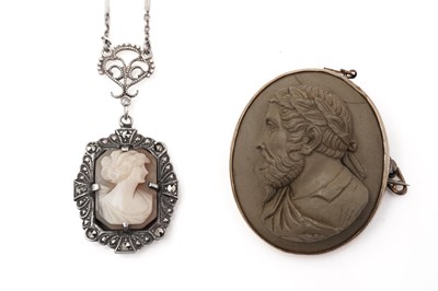 Lot 405 - A carved lava cameo brooch, and a pendant on chain