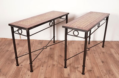 Lot 58 - A pair of modern console/side tables, with Moroccan style mosaic tiled tops.