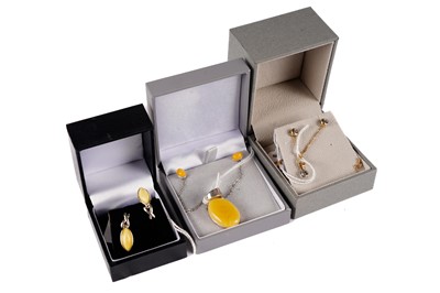 Lot 634 - A diamond pendant and earrings; and other jewellery