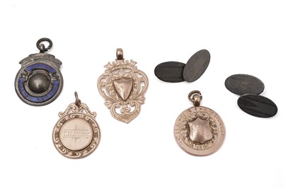 Lot 455 - Three 9ct yellow gold fob medals and other items