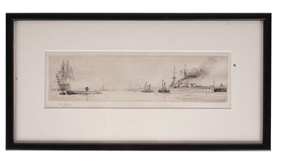 Lot 540 - William Lionel Wyllie - 'HMS Victory, A Submarine and a War Ship in Portsmouth Harbour' | drypoint