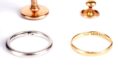 Lot 505 - A Victorian red stone and seed pearl ring; two other rings; a pin; and two dress studs