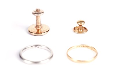 Lot 505 - A Victorian red stone and seed pearl ring; two other rings; a pin; and two dress studs