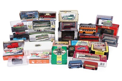Lot 553 - A collection of diecast trams, buses and other vehicles; publications; and Inspector Morse stamps