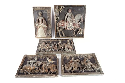 Lot 231 - A set of cast plaster wall plaques depicting medieval scenes