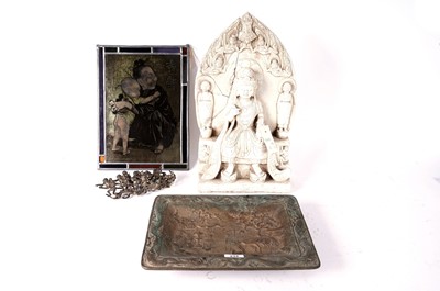 Lot 234 - A mid-Century Belgian stained glass panel and a collection of decorative Asian sculptures