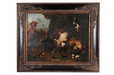 Lot 226 - Laura Cassidy - Cockerels Fighting Beyond the Fountain | oil