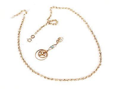 Lot 514 - A turquoise and seed pearl drop pendant; and a chain necklace