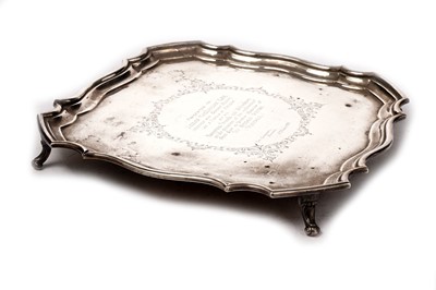Lot 1368 - A Scottish plated salver; and an antler-handled steel carving set in a fitted box