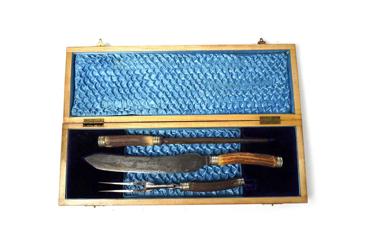Lot 1368 - A Scottish plated salver; and an antler-handled steel carving set in a fitted box