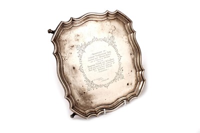 Lot 1368 - A Scottish plated salver; and an antler-handled steel carving set in a fitted box