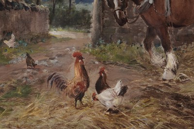 Lot 81 - John Falconar Slater - Farmyard Stables with Shire horses and Chickens | gouache