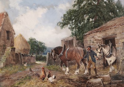 Lot 81 - John Falconar Slater - Farmyard Stables with Shire horses and Chickens | gouache
