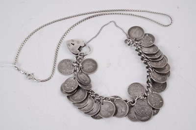 Lot 305 - A coin collectors silver bracelet; and a silver necklace.