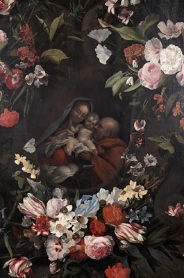 Lot Jan Philips van Thielen - Festoons of Flowers Surround a Vision of the Holy Family | oil