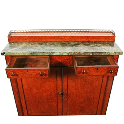 Lot 562 - An unusual Regency amboyna and rosewood marble top side cabinet