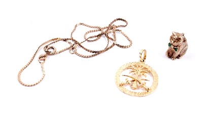 Lot 14 - A 9ct yellow gold cat pendant; a 9ct yellow gold snake link chain; and a Middle Eastern pendant