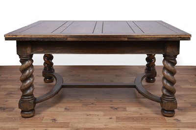 Lot 49 - A set of six oak and leather dining chairs; and a carved oak draw leaf dining table