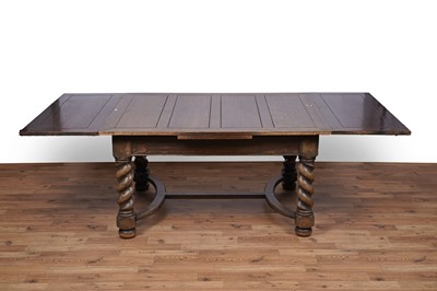 Lot 49 - A set of six oak and leather dining chairs; and a carved oak draw leaf dining table