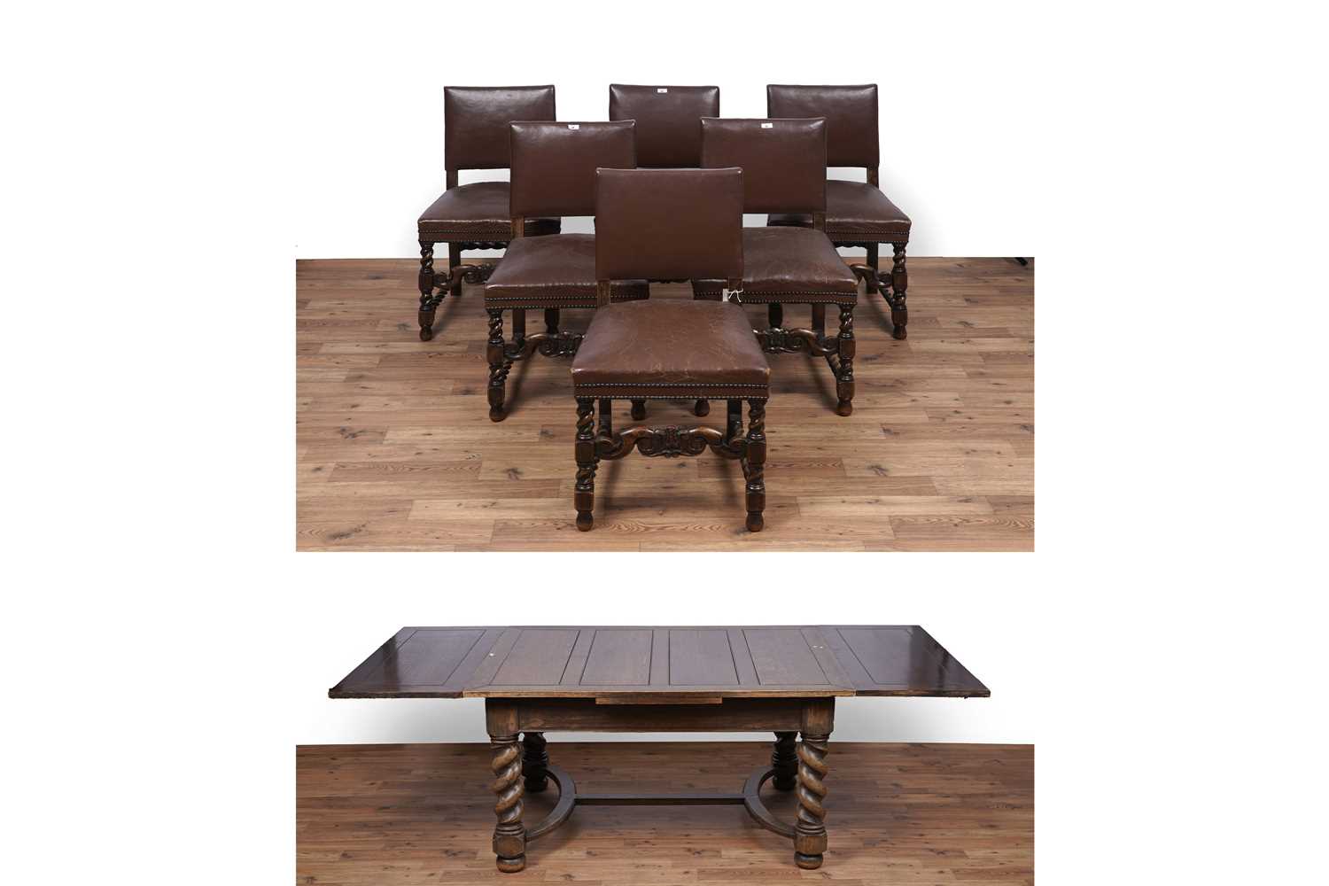 Lot 49 - A set of six oak and leather dining chairs; and a carved oak draw leaf dining table