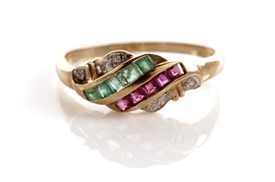 Lot 116 - A ruby, emerald and diamond dress ring