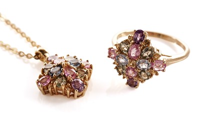 Lot 123 - A coloured gemstone cluster dress ring; and a similar pendant