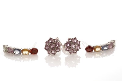 Lot 124 - A pair of fancy pink sapphire and diamond flower cluster earrings; and another pair of earrings