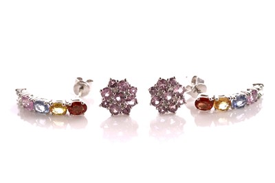 Lot 140 - A pair of fancy pink sapphire and diamond flower cluster earrings; and another pair of earrings