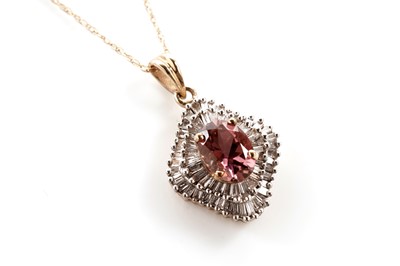 Lot 147 - A pink topaz and diamond cluster pendant necklace