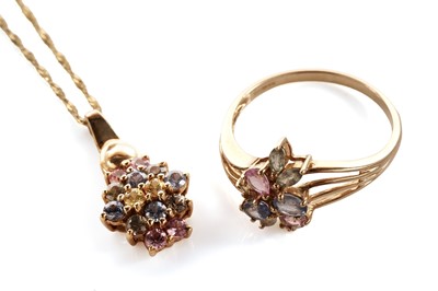 Lot 136 - A fancy sapphire cluster dress ring; and a similar pendant necklace