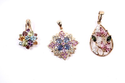Lot 146 - Three coloured gemstone cluster pendants
