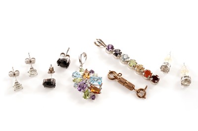 Lot 153 - A selection of coloured gemstone set earrings and pendants
