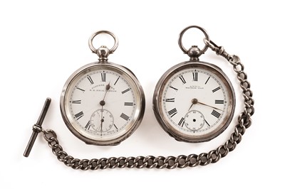 Lot 191 - Two silver open face pocket watches; and an Albert watch chain