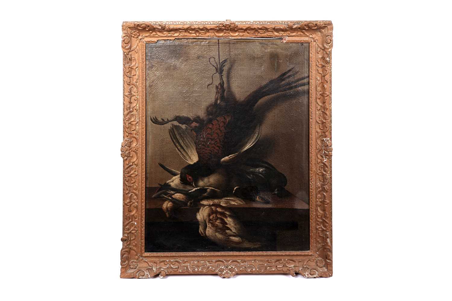 Lot 30 - Follower of Jean-Baptiste Oudry - A pheasant, a duck, and other game birds on a ledge | oil