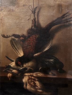 Lot 30 - Follower of Jean-Baptiste Oudry - A pheasant, a duck, and other game birds on a ledge | oil