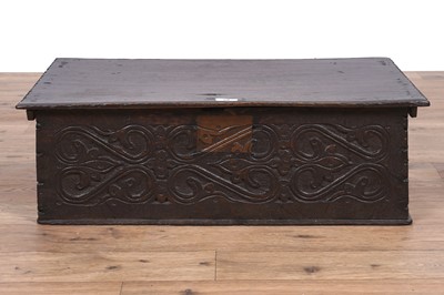 Lot 59 - A carved oak bible box, basically 17th Century