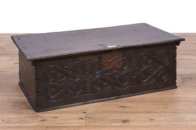Lot 59 - A carved oak bible box, basically 17th Century