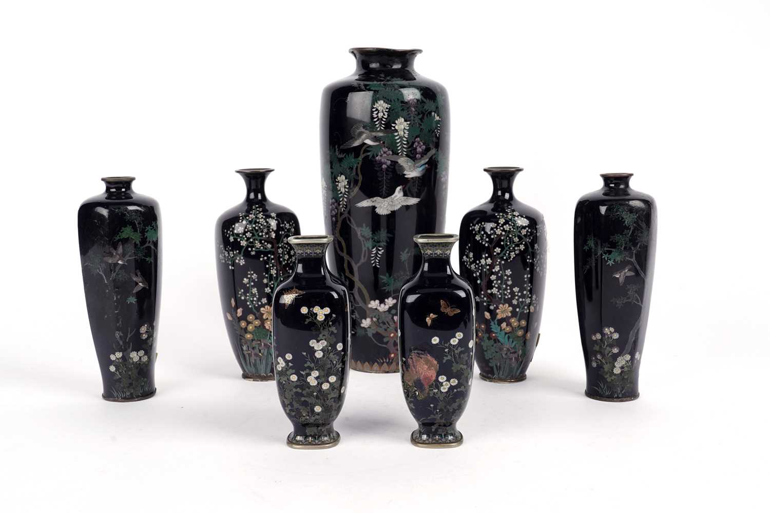 901 - A pair of Japanese cloisonne vases by Hayashi Kodenji; and five others