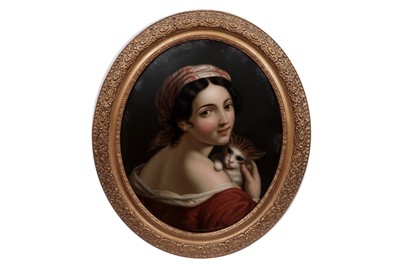 Lot 286 - 19th Century Continental School - Portrait of a Young Lady Holding a Kitten | reverse glass painting