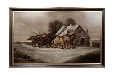 Lot 629 - Robert Cleminson - Horses Pulling a Log Cart in a Winter Landscape | oil