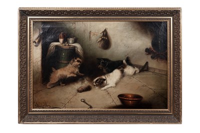 Lot 138 - George Armfield - Three Terriers in a Farmhouse |oil