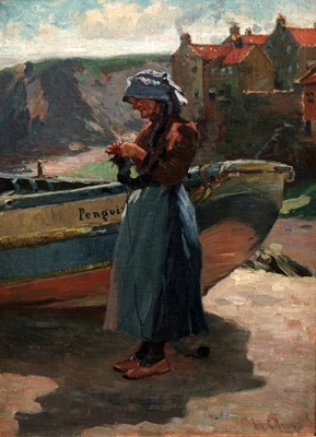 Lot 1002 - John William Gilroy - A Fisherwoman takes a moment to knit | oil