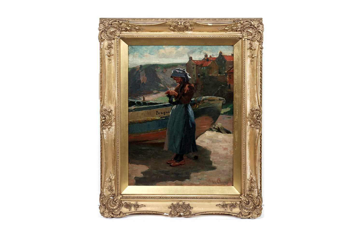 Lot 1002 - John William Gilroy - A Fisherwoman takes a moment to knit | oil