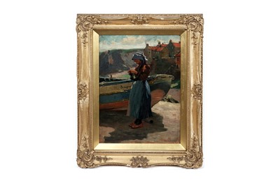 Lot 1002 - John William Gilroy - A Fisherwoman takes a moment to knit | oil