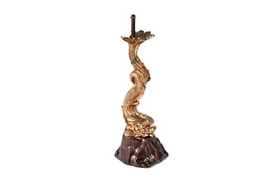 Lot 1257 - Banksway Lamp Company: a patinated and gilt metal dolphin pattern table lamp