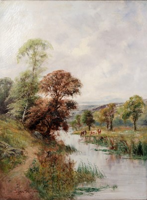 Lot 6 - Attributed to Walter James Slater - Peaceful landscape with cows grazing by a river | oil